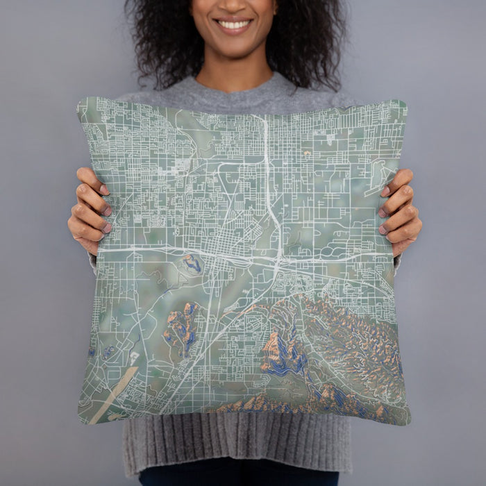 Person holding 18x18 Custom Colton California Map Throw Pillow in Afternoon