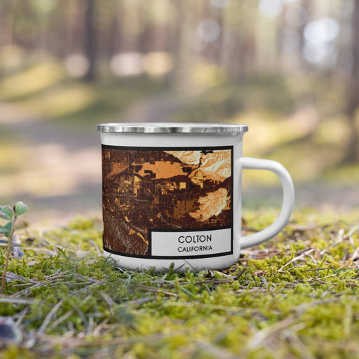 Right View Custom Colton California Map Enamel Mug in Ember on Grass With Trees in Background