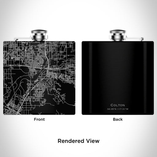 Rendered View of Colton California Map Engraving on 6oz Stainless Steel Flask in Black