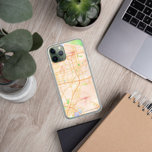 Custom Colton California Map Phone Case in Watercolor on Table with Laptop and Plant