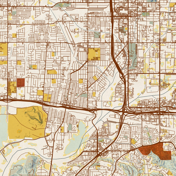 Colton California Map Print in Woodblock Style Zoomed In Close Up Showing Details