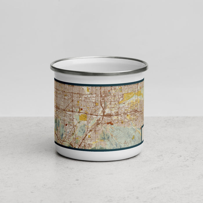Front View Custom Colton California Map Enamel Mug in Woodblock