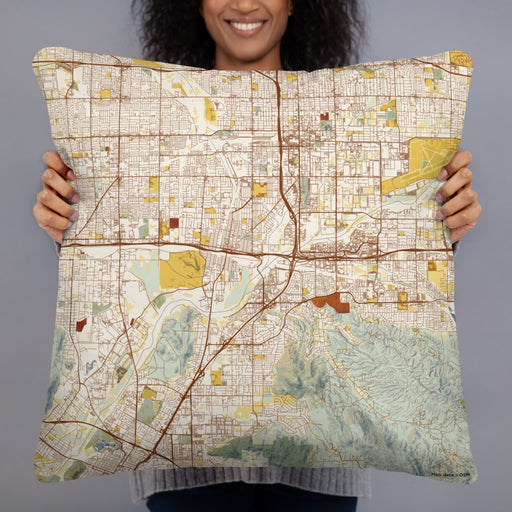 Person holding 22x22 Custom Colton California Map Throw Pillow in Woodblock