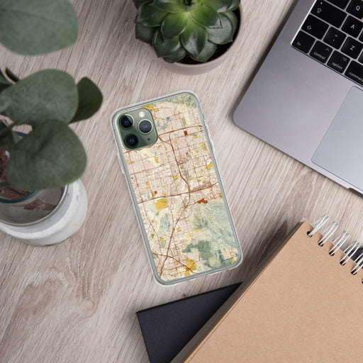 Custom Colton California Map Phone Case in Woodblock on Table with Laptop and Plant