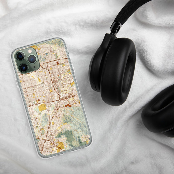 Custom Colton California Map Phone Case in Woodblock on Table with Black Headphones