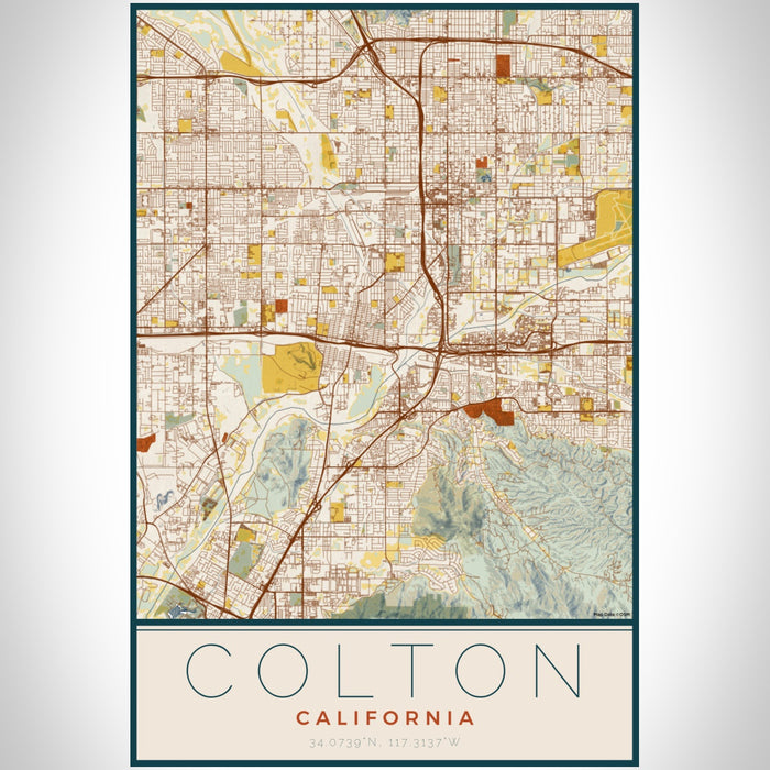 Colton California Map Print Portrait Orientation in Woodblock Style With Shaded Background