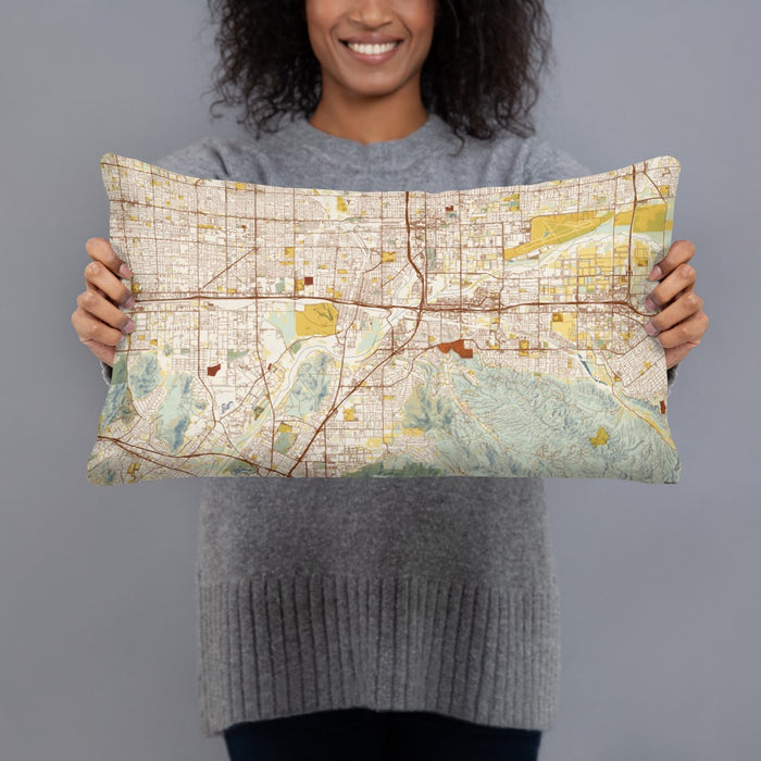 Person holding 20x12 Custom Colton California Map Throw Pillow in Woodblock