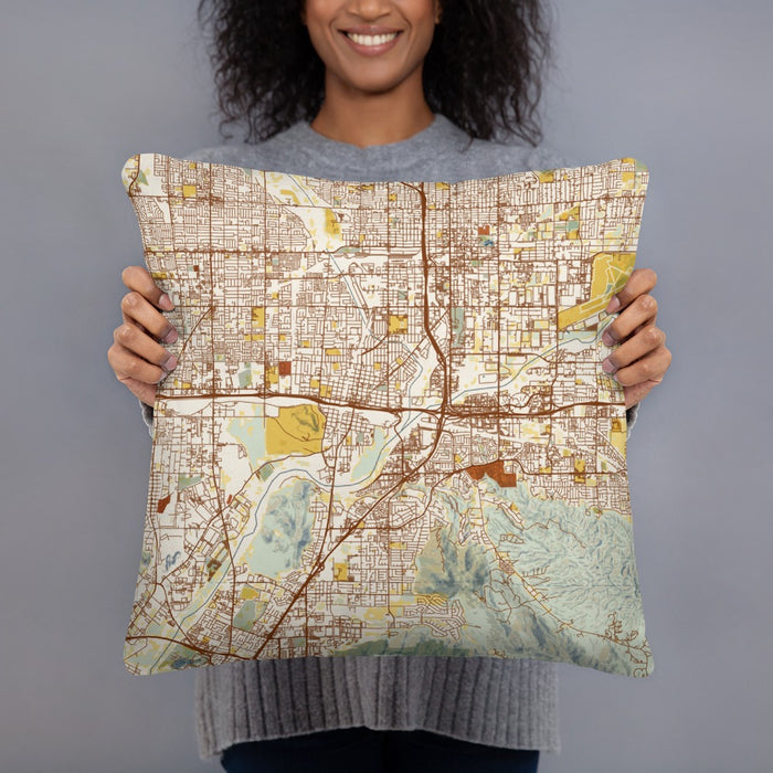 Person holding 18x18 Custom Colton California Map Throw Pillow in Woodblock