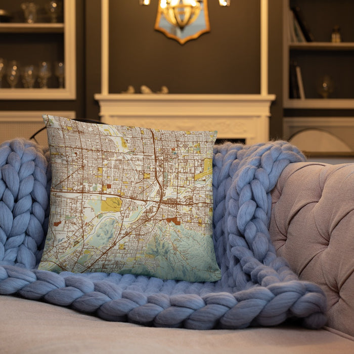 Custom Colton California Map Throw Pillow in Woodblock on Cream Colored Couch
