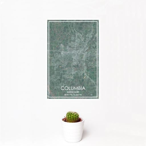 12x18 Columbia Missouri Map Print Portrait Orientation in Afternoon Style With Small Cactus Plant in White Planter