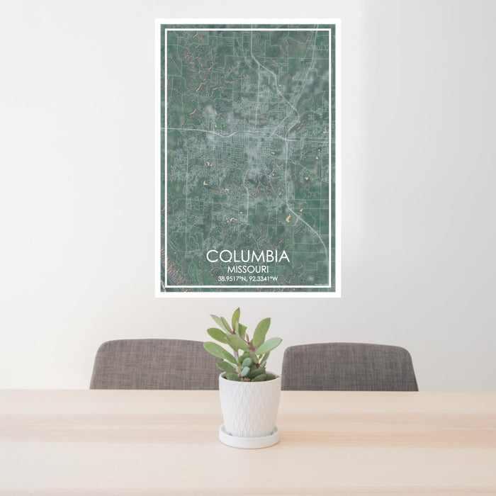 24x36 Columbia Missouri Map Print Portrait Orientation in Afternoon Style Behind 2 Chairs Table and Potted Plant