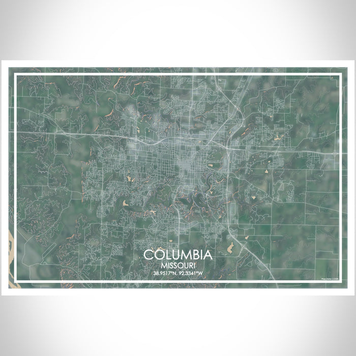 Columbia Missouri Map Print Landscape Orientation in Afternoon Style With Shaded Background