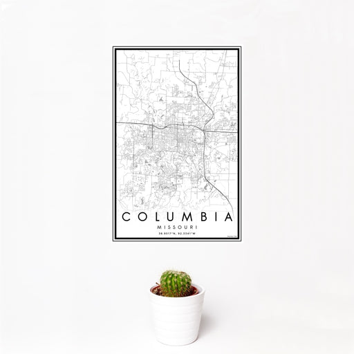 12x18 Columbia Missouri Map Print Portrait Orientation in Classic Style With Small Cactus Plant in White Planter