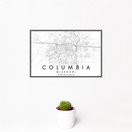 12x18 Columbia Missouri Map Print Landscape Orientation in Classic Style With Small Cactus Plant in White Planter