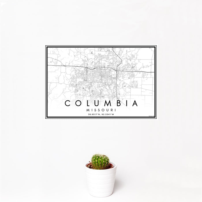 12x18 Columbia Missouri Map Print Landscape Orientation in Classic Style With Small Cactus Plant in White Planter