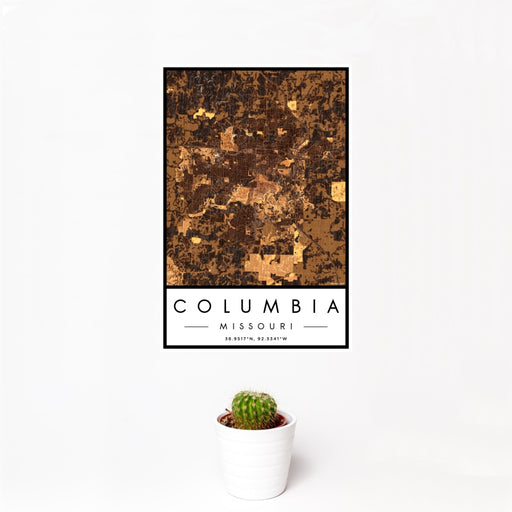 12x18 Columbia Missouri Map Print Portrait Orientation in Ember Style With Small Cactus Plant in White Planter