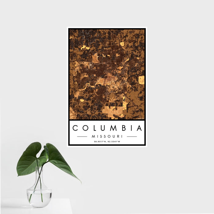 16x24 Columbia Missouri Map Print Portrait Orientation in Ember Style With Tropical Plant Leaves in Water