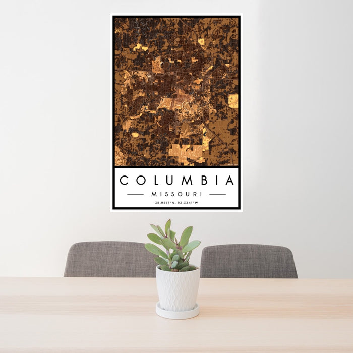 24x36 Columbia Missouri Map Print Portrait Orientation in Ember Style Behind 2 Chairs Table and Potted Plant