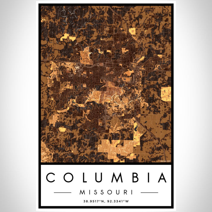 Columbia Missouri Map Print Portrait Orientation in Ember Style With Shaded Background