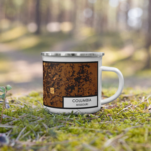 Right View Custom Columbia Missouri Map Enamel Mug in Ember on Grass With Trees in Background