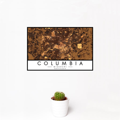 12x18 Columbia Missouri Map Print Landscape Orientation in Ember Style With Small Cactus Plant in White Planter