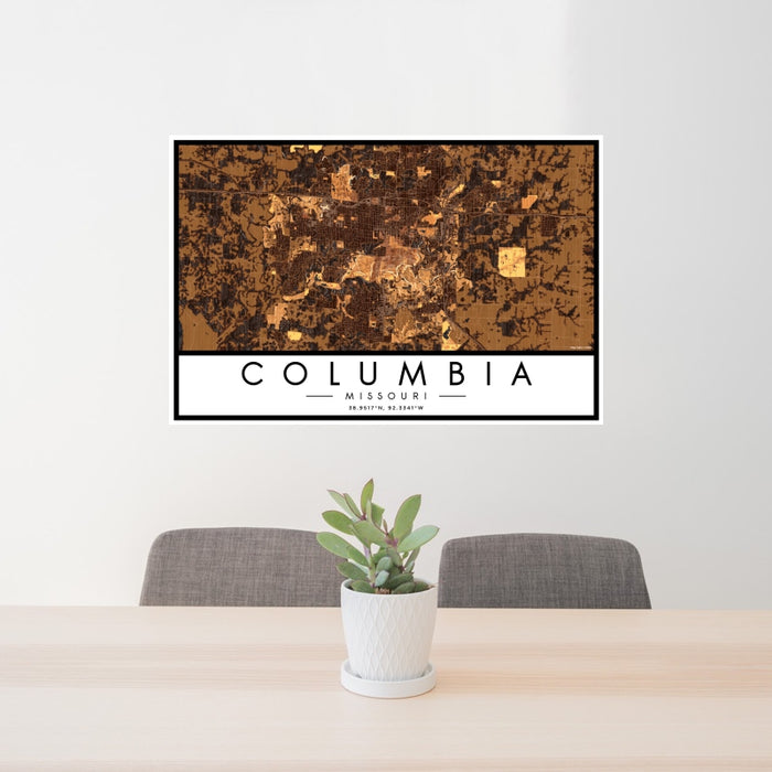 24x36 Columbia Missouri Map Print Landscape Orientation in Ember Style Behind 2 Chairs Table and Potted Plant