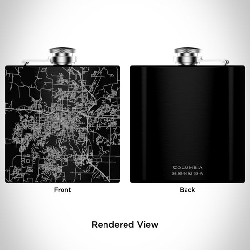 Rendered View of Columbia Missouri Map Engraving on 6oz Stainless Steel Flask in Black