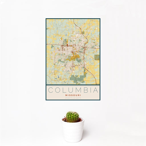 12x18 Columbia Missouri Map Print Portrait Orientation in Woodblock Style With Small Cactus Plant in White Planter