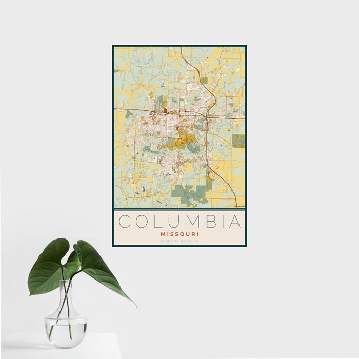 16x24 Columbia Missouri Map Print Portrait Orientation in Woodblock Style With Tropical Plant Leaves in Water