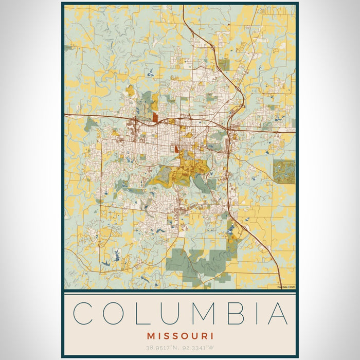 Columbia Missouri Map Print Portrait Orientation in Woodblock Style With Shaded Background