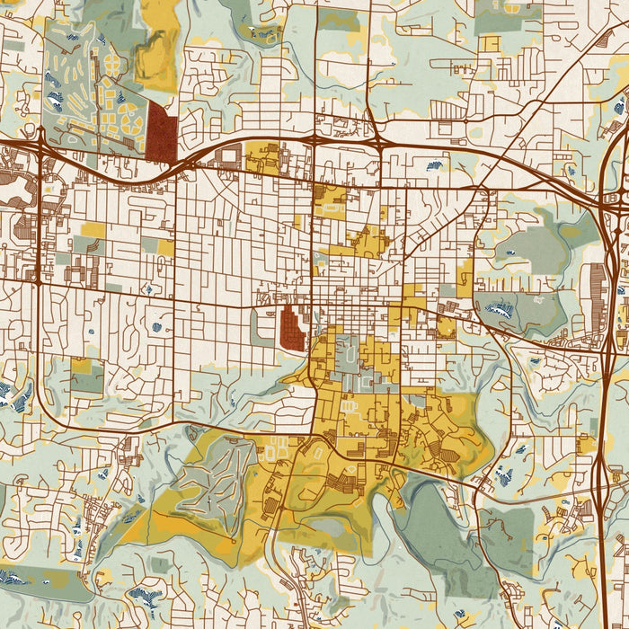 Columbia Missouri Map Print in Woodblock Style Zoomed In Close Up Showing Details