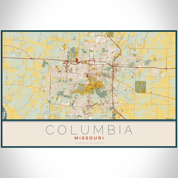 Columbia Missouri Map Print Landscape Orientation in Woodblock Style With Shaded Background