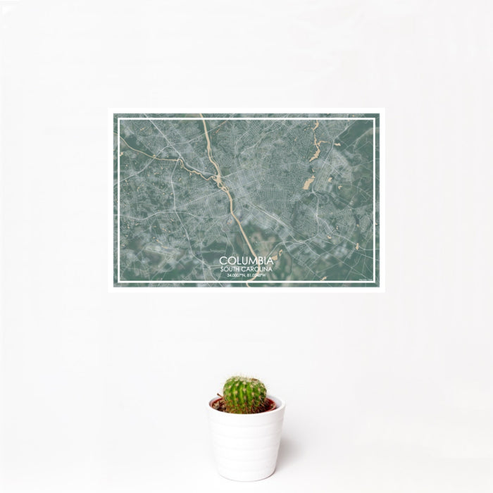 12x18 Columbia South Carolina Map Print Landscape Orientation in Afternoon Style With Small Cactus Plant in White Planter