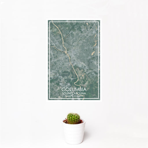 12x18 Columbia South Carolina Map Print Portrait Orientation in Afternoon Style With Small Cactus Plant in White Planter