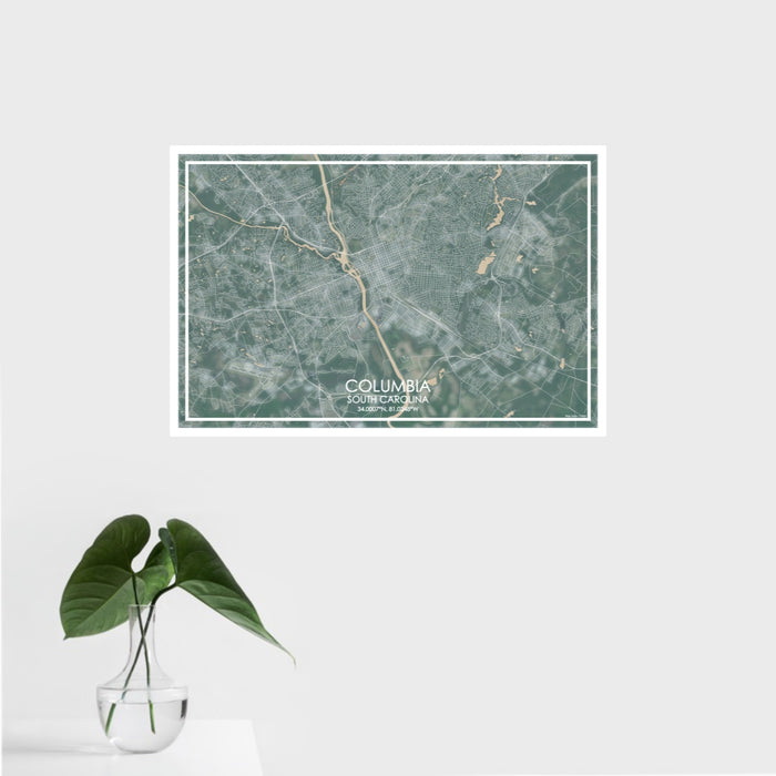 16x24 Columbia South Carolina Map Print Landscape Orientation in Afternoon Style With Tropical Plant Leaves in Water