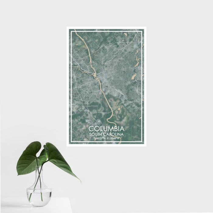 16x24 Columbia South Carolina Map Print Portrait Orientation in Afternoon Style With Tropical Plant Leaves in Water