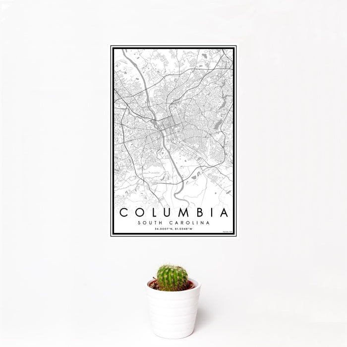 12x18 Columbia South Carolina Map Print Portrait Orientation in Classic Style With Small Cactus Plant in White Planter