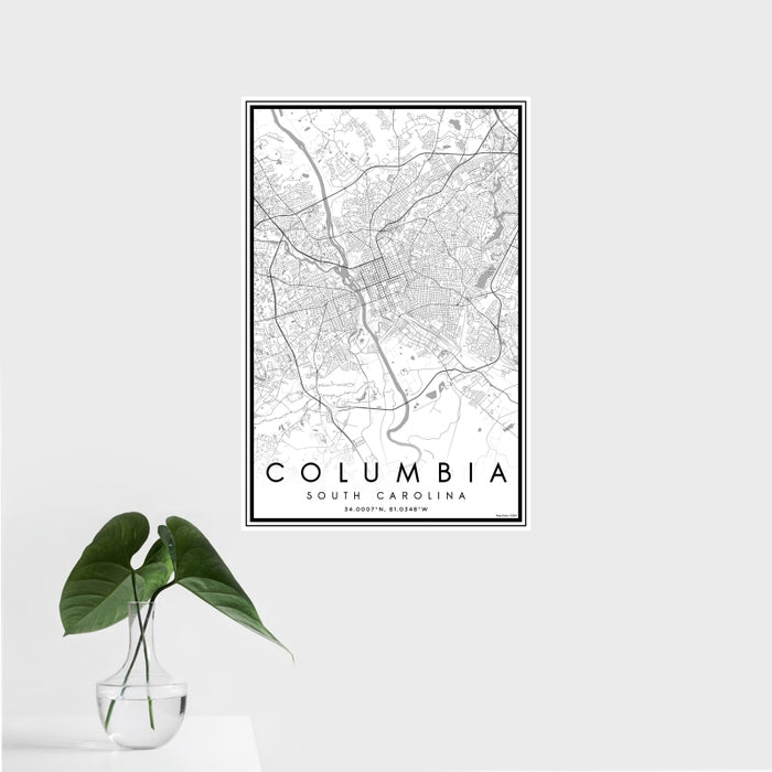 16x24 Columbia South Carolina Map Print Portrait Orientation in Classic Style With Tropical Plant Leaves in Water