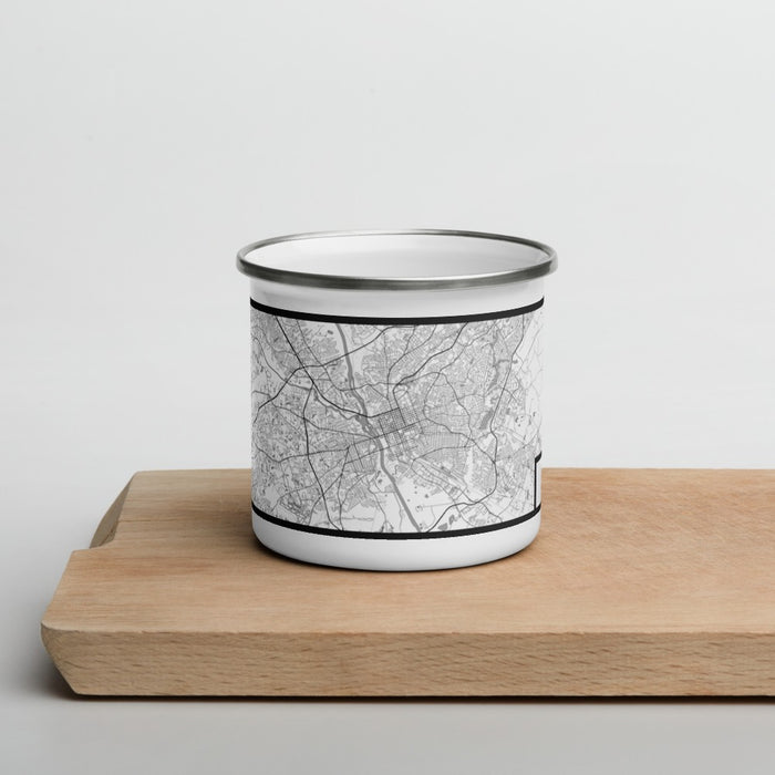 Front View Custom Columbia South Carolina Map Enamel Mug in Classic on Cutting Board