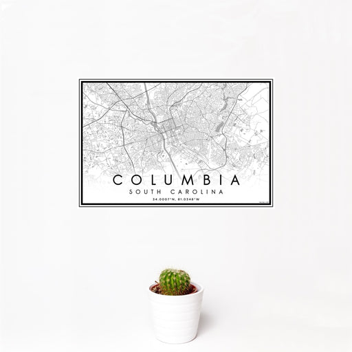 12x18 Columbia South Carolina Map Print Landscape Orientation in Classic Style With Small Cactus Plant in White Planter
