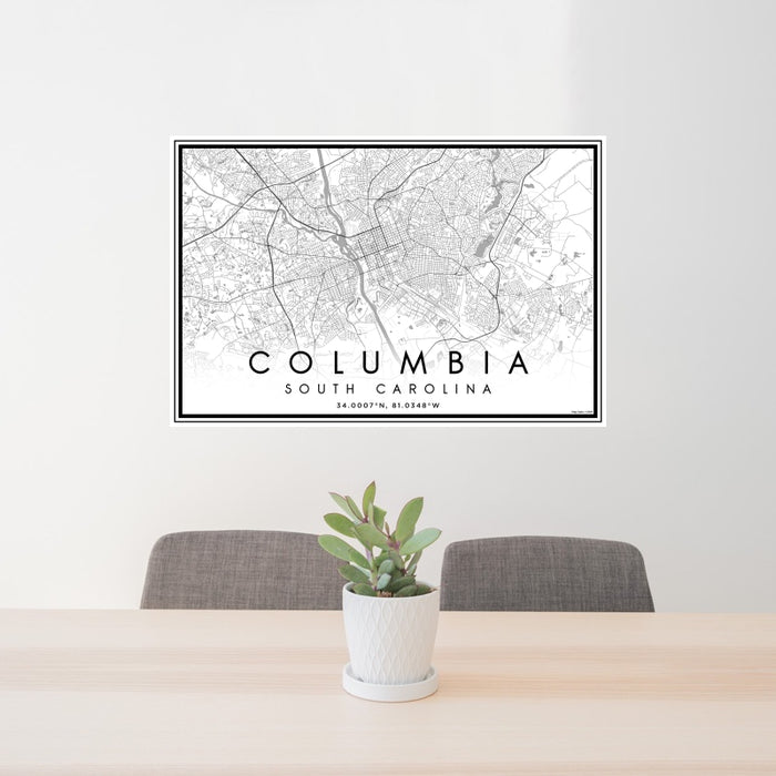 24x36 Columbia South Carolina Map Print Landscape Orientation in Classic Style Behind 2 Chairs Table and Potted Plant