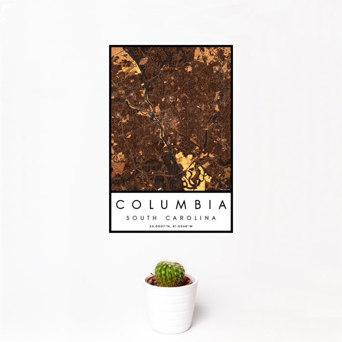 12x18 Columbia South Carolina Map Print Portrait Orientation in Ember Style With Small Cactus Plant in White Planter