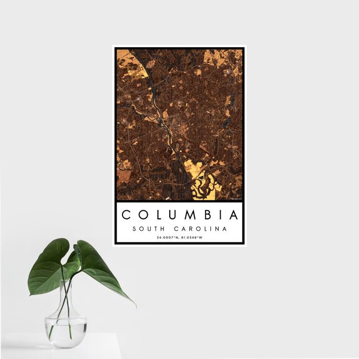 16x24 Columbia South Carolina Map Print Portrait Orientation in Ember Style With Tropical Plant Leaves in Water