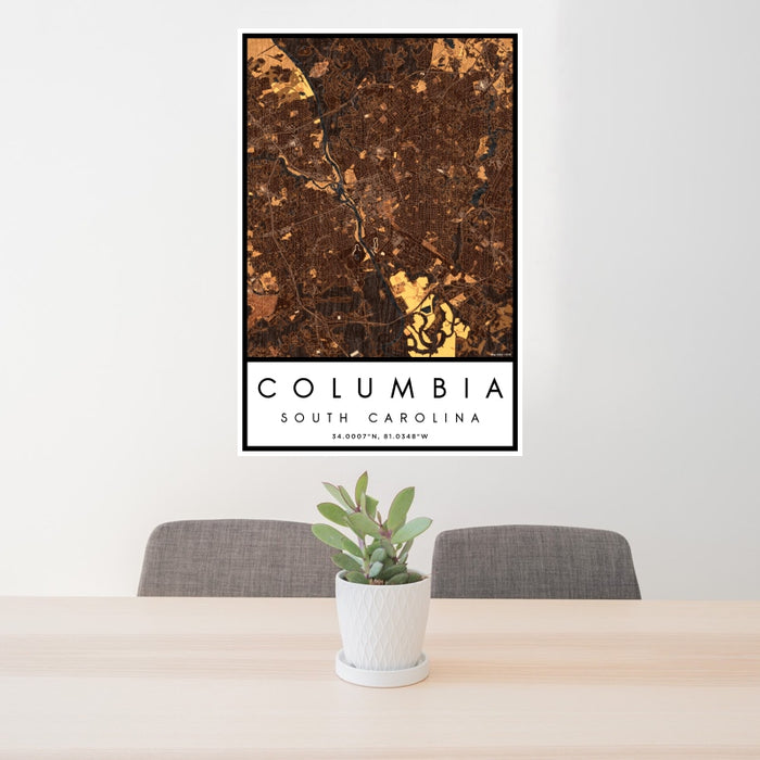 24x36 Columbia South Carolina Map Print Portrait Orientation in Ember Style Behind 2 Chairs Table and Potted Plant