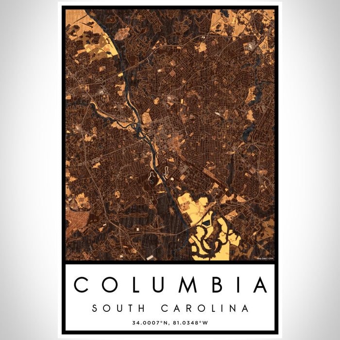 Columbia South Carolina Map Print Portrait Orientation in Ember Style With Shaded Background