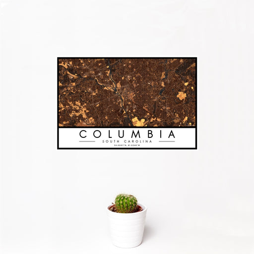 12x18 Columbia South Carolina Map Print Landscape Orientation in Ember Style With Small Cactus Plant in White Planter