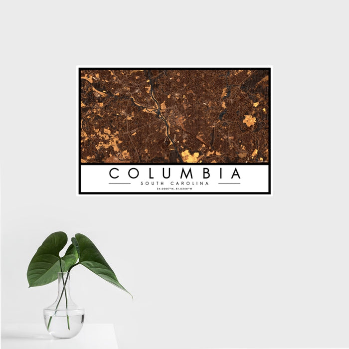 16x24 Columbia South Carolina Map Print Landscape Orientation in Ember Style With Tropical Plant Leaves in Water