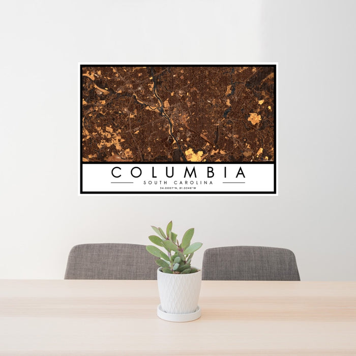 24x36 Columbia South Carolina Map Print Landscape Orientation in Ember Style Behind 2 Chairs Table and Potted Plant