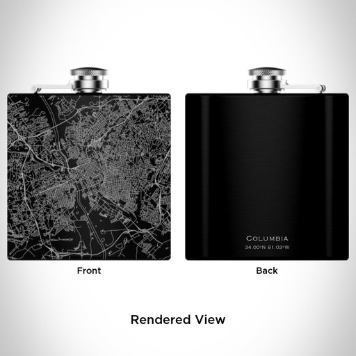 Rendered View of Columbia South Carolina Map Engraving on 6oz Stainless Steel Flask in Black