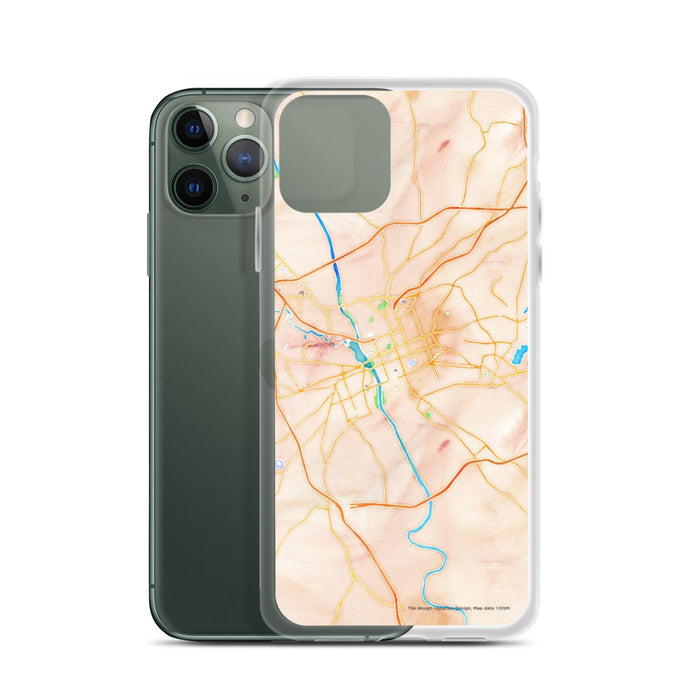 Custom Columbia South Carolina Map Phone Case in Watercolor on Table with Laptop and Plant